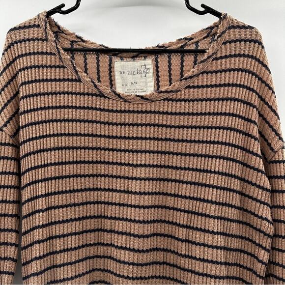 We The Free People‎ Oversized Tan & Black Striped Waffle Knit Peplum Top Size S - Picture 2 of 9